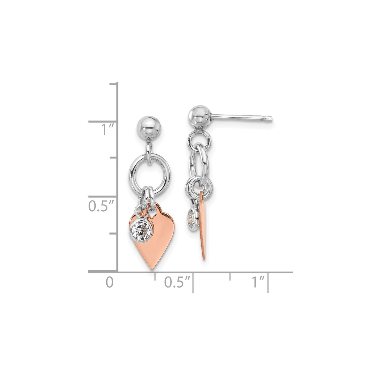 Sterling Silver Drop Earrings with Cubic Zirconia and Rose Gold Heart Charms, Two Tone Design