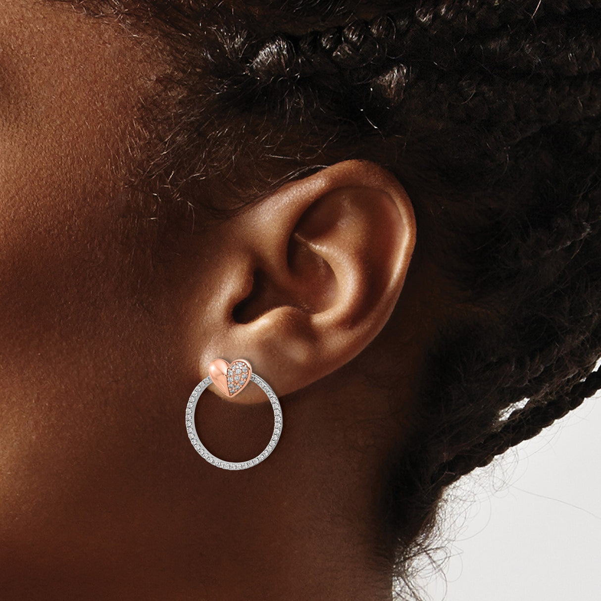 Sterling Silver Earrings with Cubic Zirconia, Heart and Circle Design, Stud and Hoop Combo