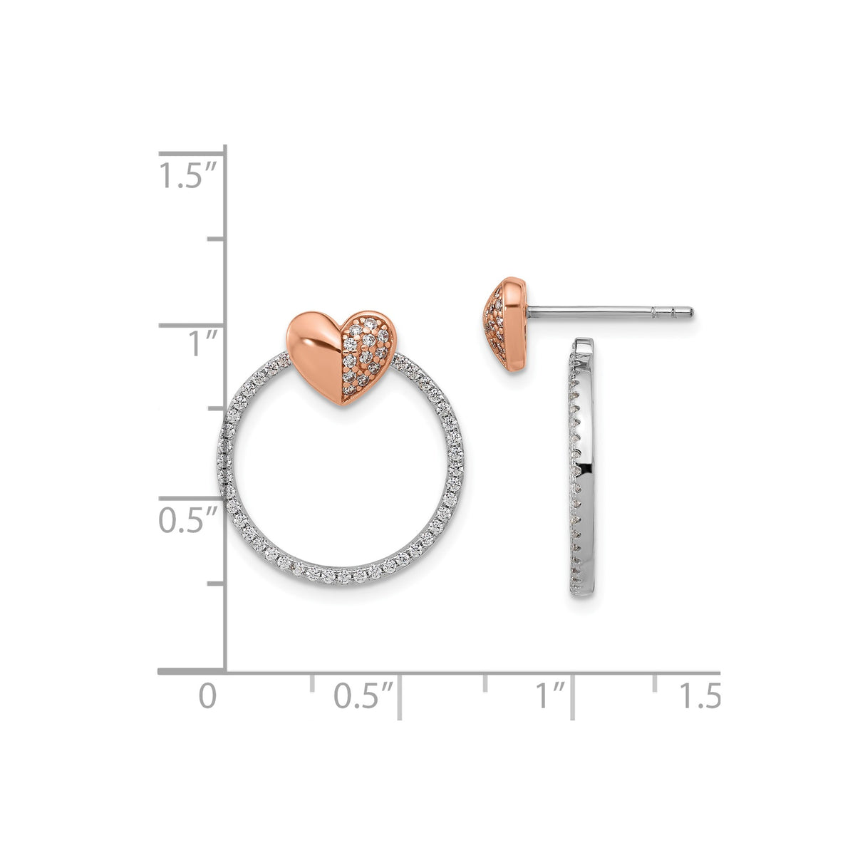 Sterling Silver Earrings with Cubic Zirconia, Heart and Circle Design, Stud and Hoop Combo