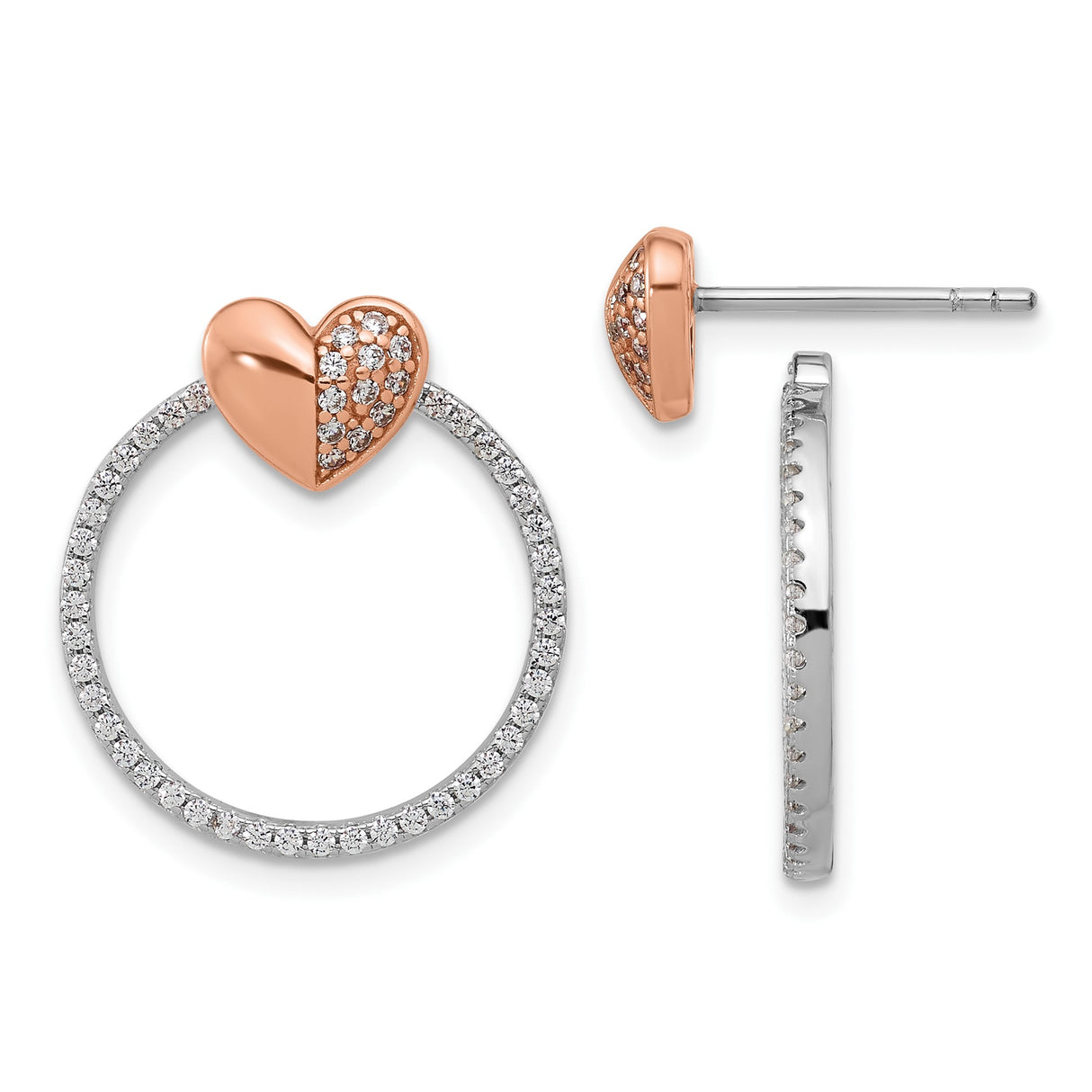 Sterling Silver Earrings with Cubic Zirconia, Heart and Circle Design, Stud and Hoop Combo