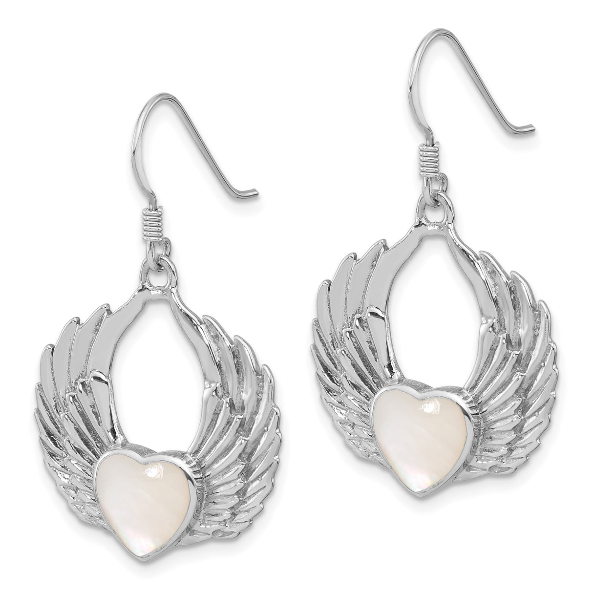 Sterling Silver Dangle Earrings with Rose Quartz Heart and Angel Wing Design for Women