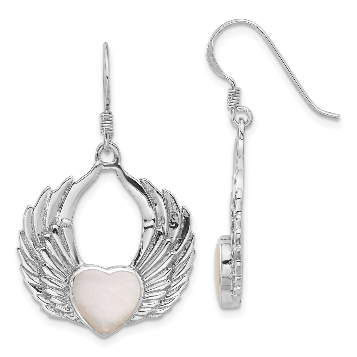 Sterling Silver Dangle Earrings with Rose Quartz Heart and Angel Wing Design for Women