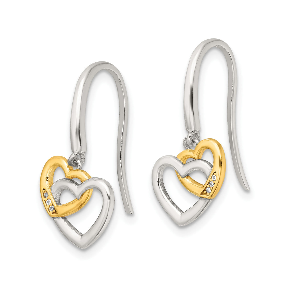 Sterling Silver Dangle Earrings with Cubic Zirconia, Interlocking Open Heart Two Tone Design
