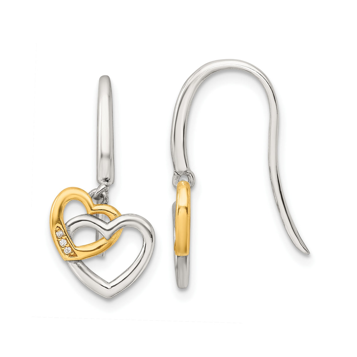 Sterling Silver Dangle Earrings with Cubic Zirconia, Interlocking Open Heart Two Tone Design