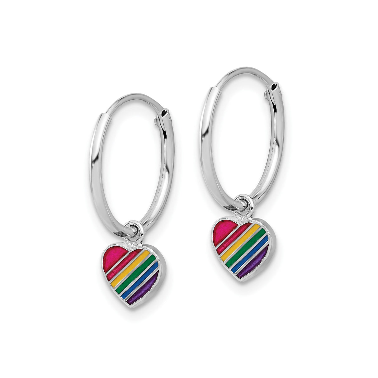 Sterling Silver Hoop Earrings with Rainbow Heart Charm, LGBTQ Pride Jewelry