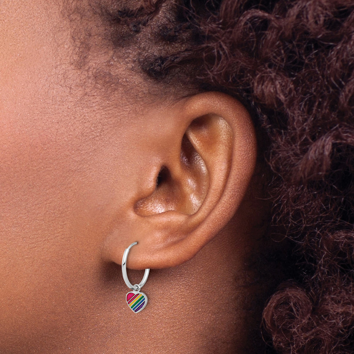 Sterling Silver Hoop Earrings with Rainbow Heart Charm, LGBTQ Pride Jewelry