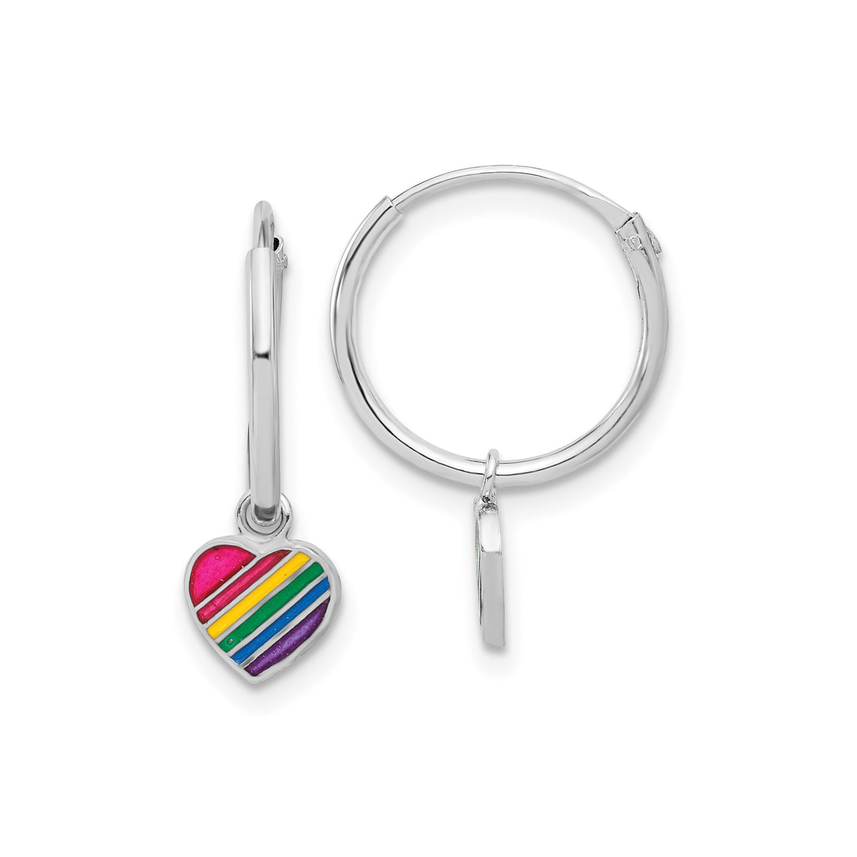 Sterling Silver Hoop Earrings with Rainbow Heart Charm, LGBTQ Pride Jewelry