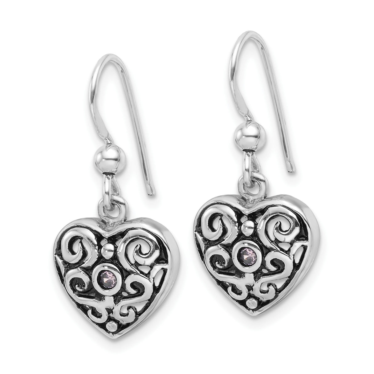 Sterling Silver Heart Dangle Earrings with Cubic Zirconia, Filigree Scrollwork Design