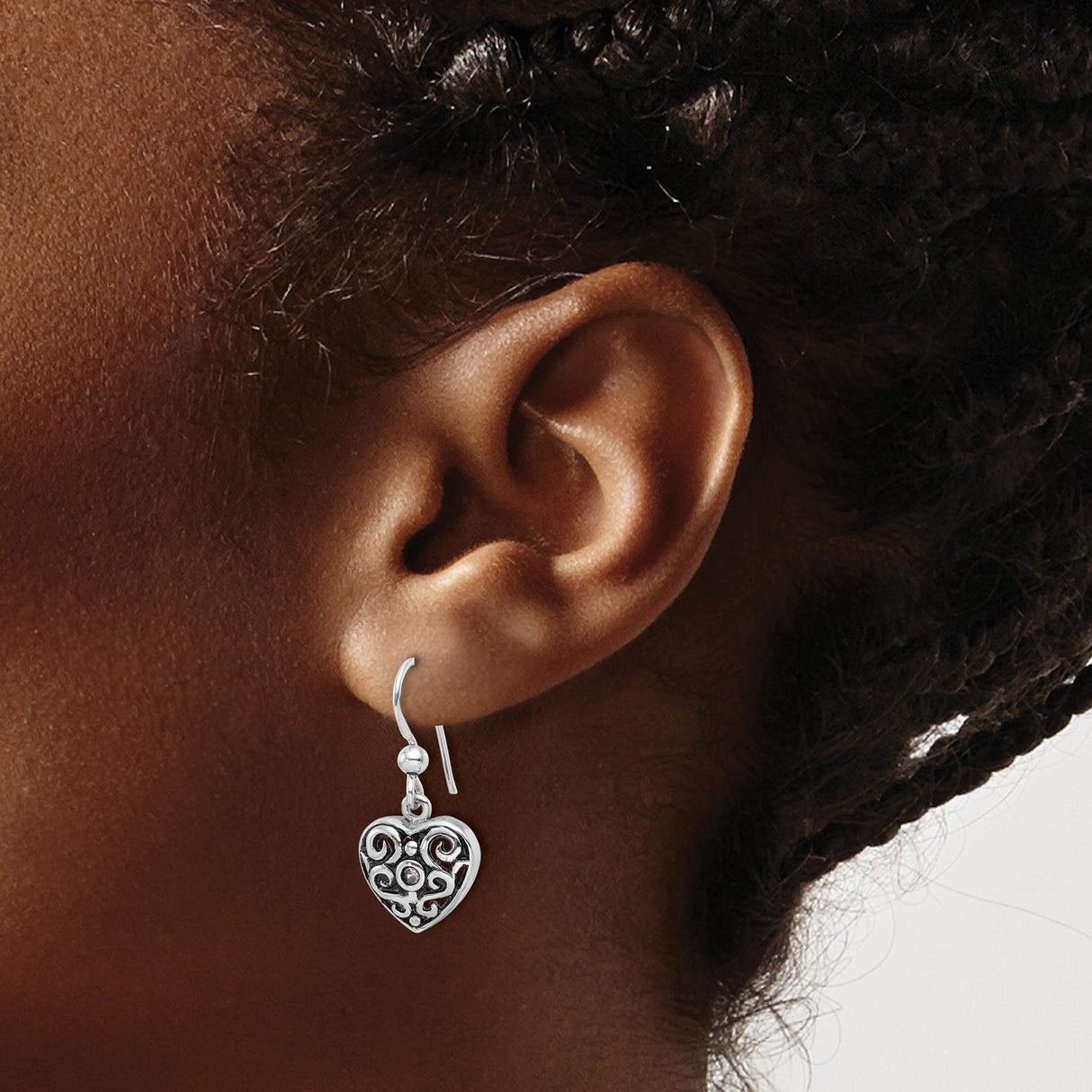 Sterling Silver Heart Dangle Earrings with Cubic Zirconia, Filigree Scrollwork Design
