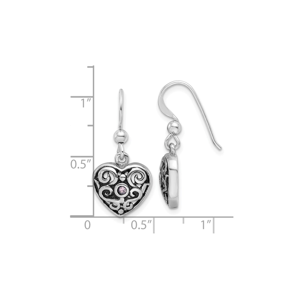 Sterling Silver Heart Dangle Earrings with Cubic Zirconia, Filigree Scrollwork Design