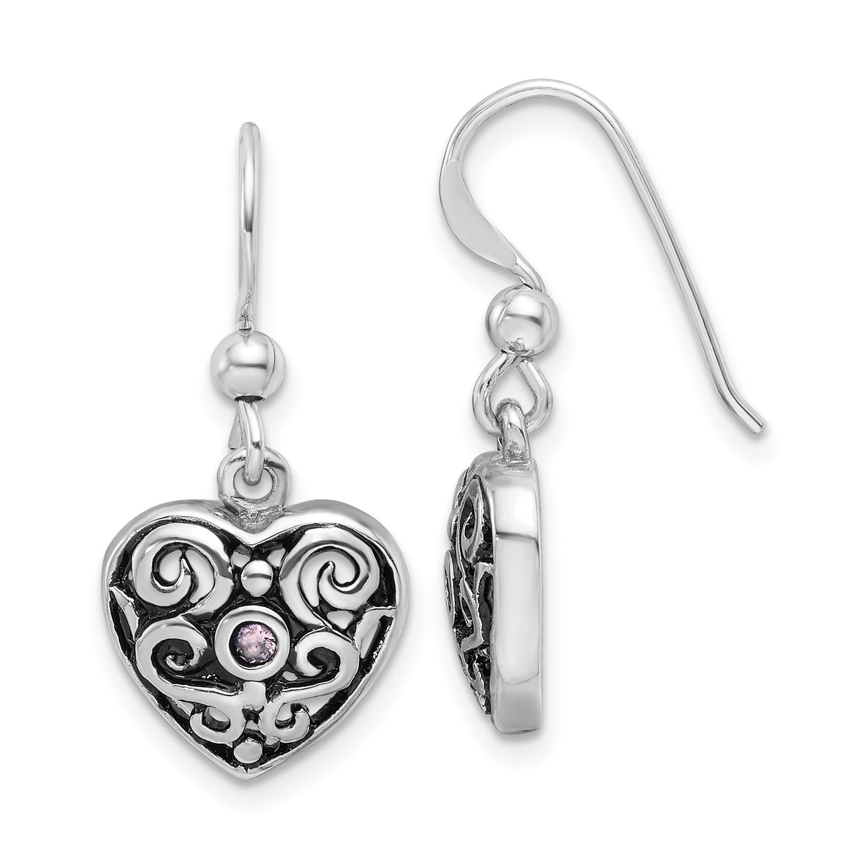 Sterling Silver Heart Dangle Earrings with Cubic Zirconia, Filigree Scrollwork Design