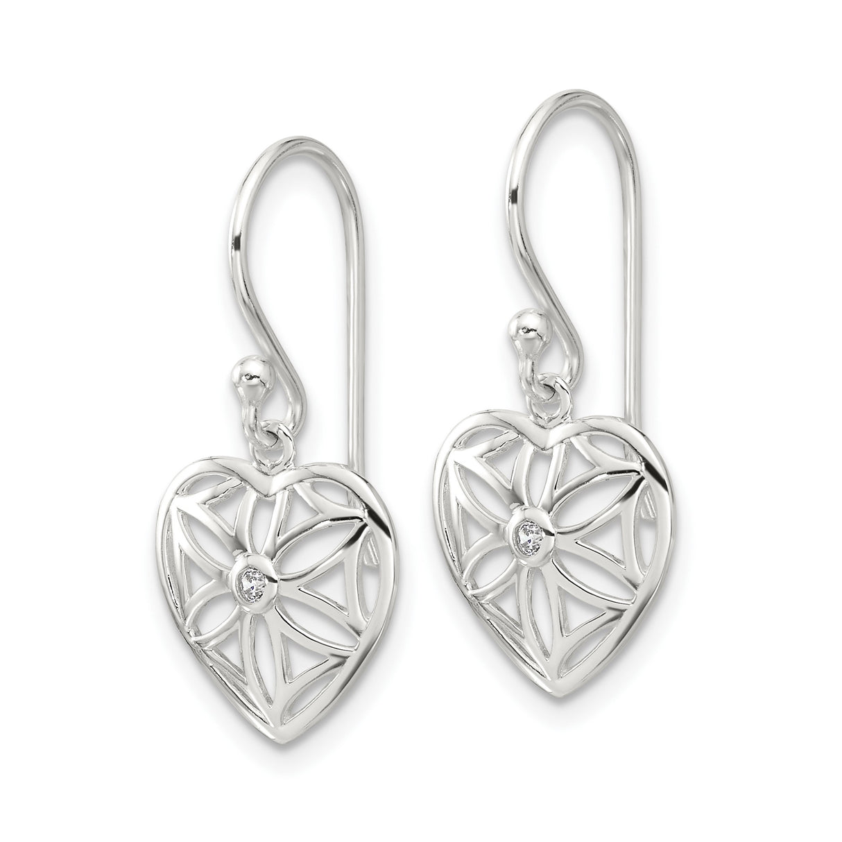 Sterling Silver Heart Dangle Earrings with Cubic Zirconia and Flower of Life Design