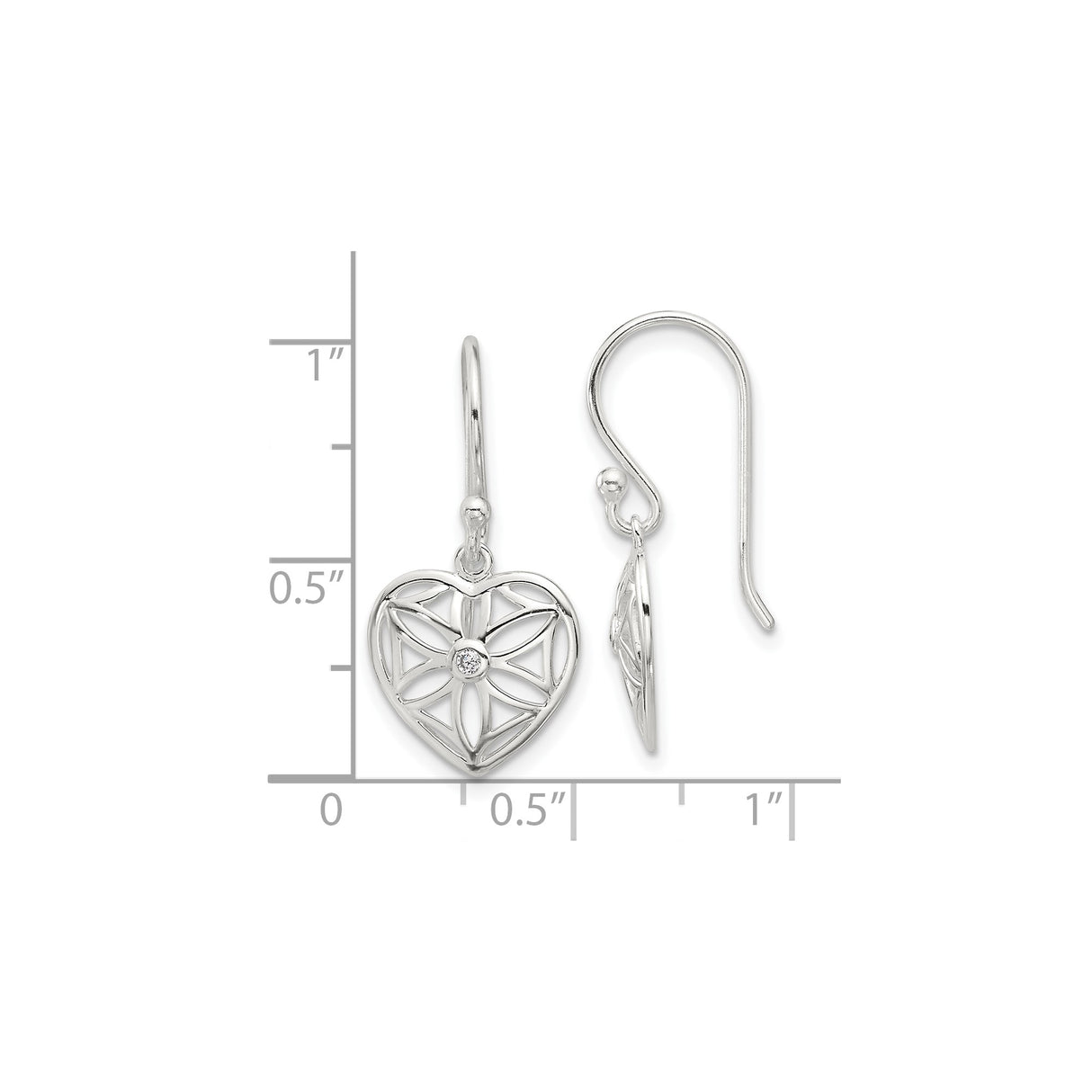 Sterling Silver Heart Dangle Earrings with Cubic Zirconia and Flower of Life Design