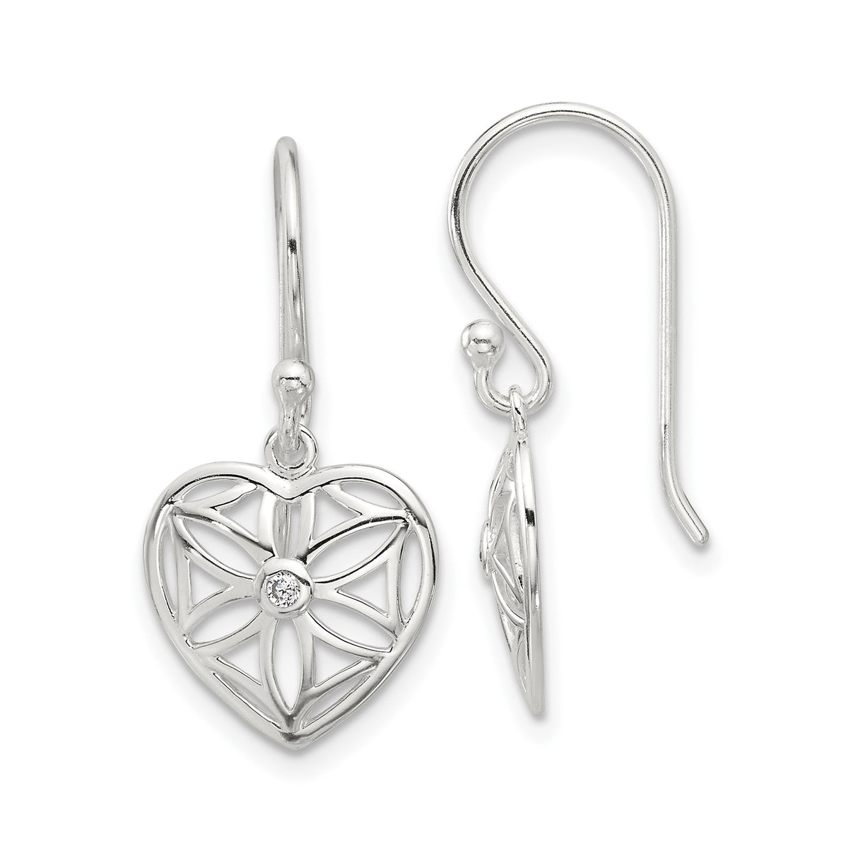 Sterling Silver Heart Dangle Earrings with Cubic Zirconia and Flower of Life Design