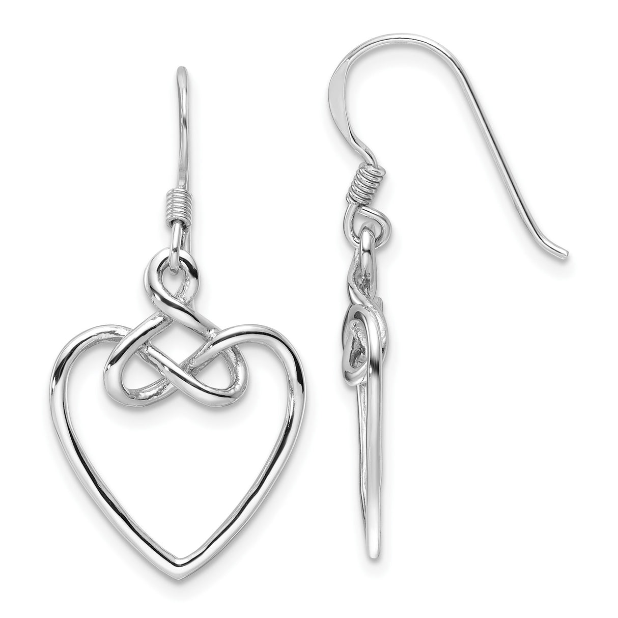 Sterling Silver Dangle Earrings, Celtic Heart Knot and Open Heart Design