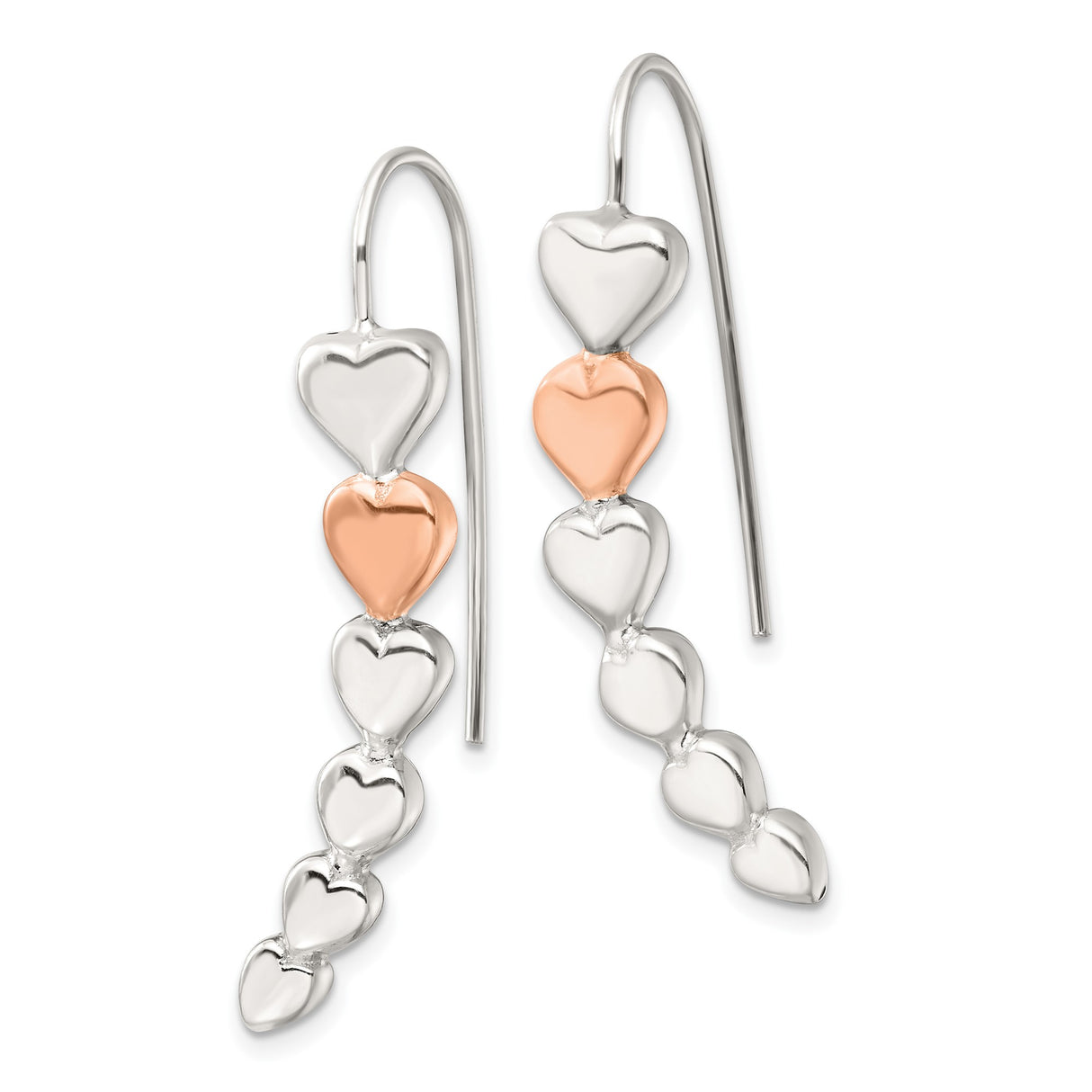 Sterling Silver Drop Earrings with Vertical Polished Hearts and Rose Gold Accent