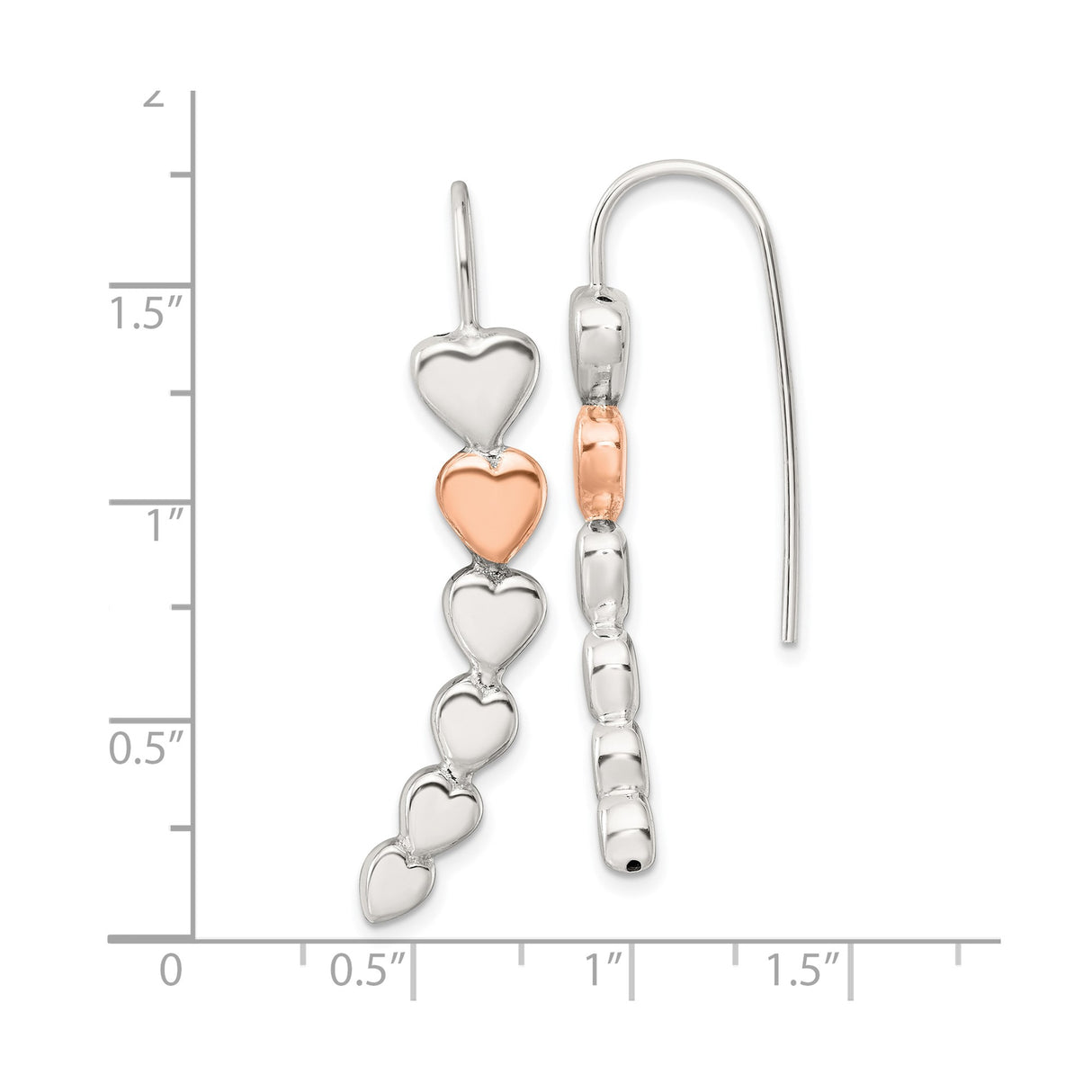 Sterling Silver Drop Earrings with Vertical Polished Hearts and Rose Gold Accent