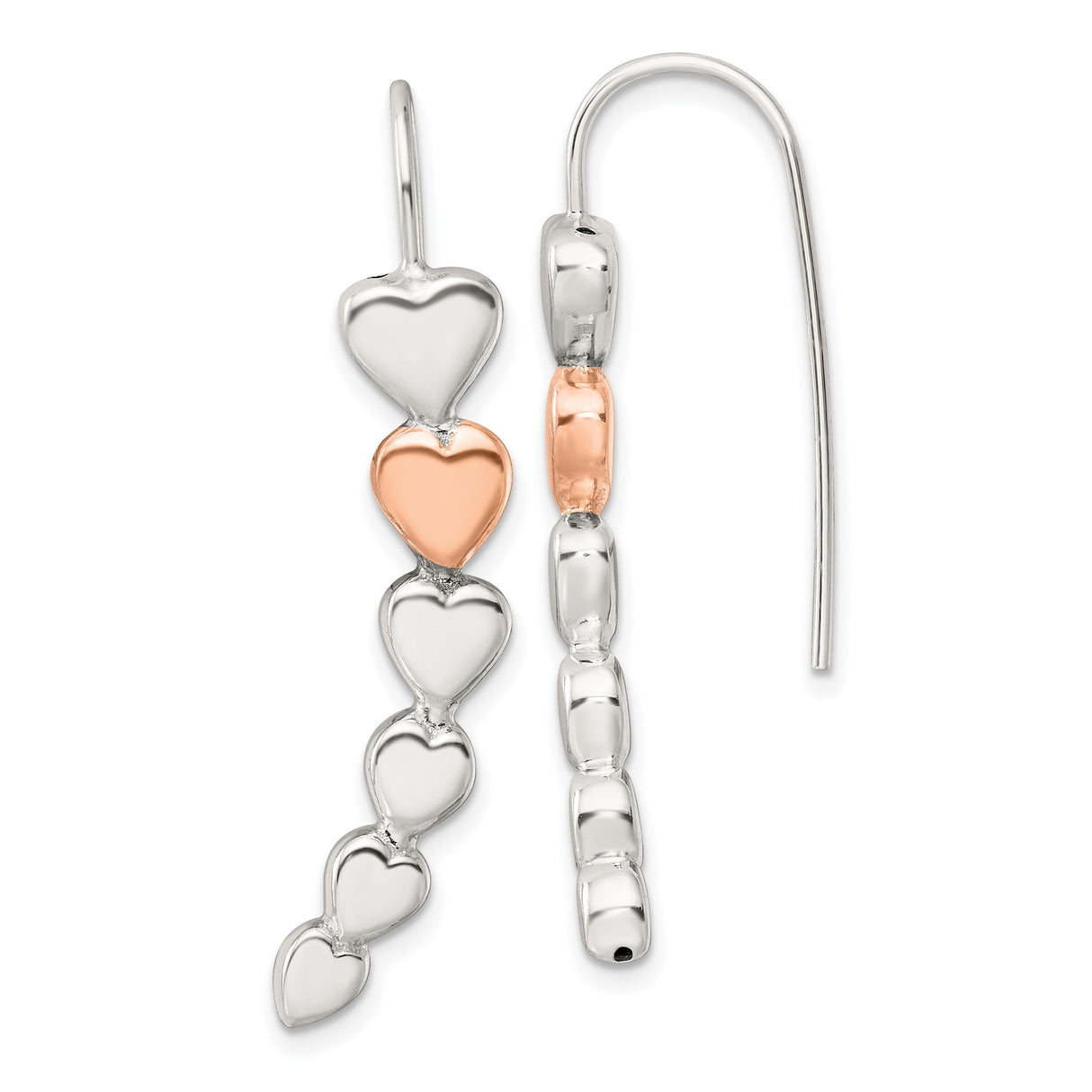 Sterling Silver Drop Earrings with Vertical Polished Hearts and Rose Gold Accent