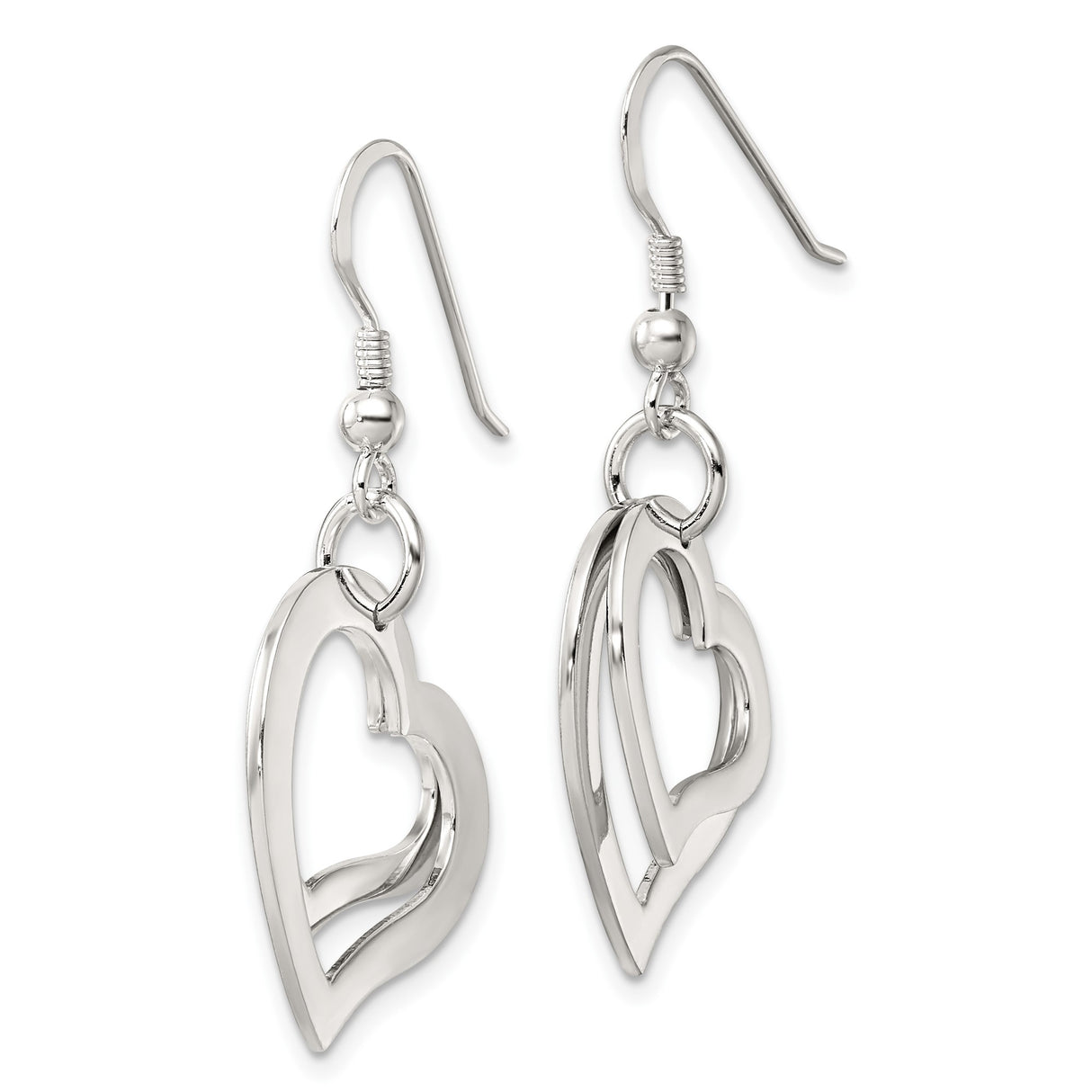 Sterling Silver Dangle Earrings with Open Double Heart Design and Polished Finish for Women