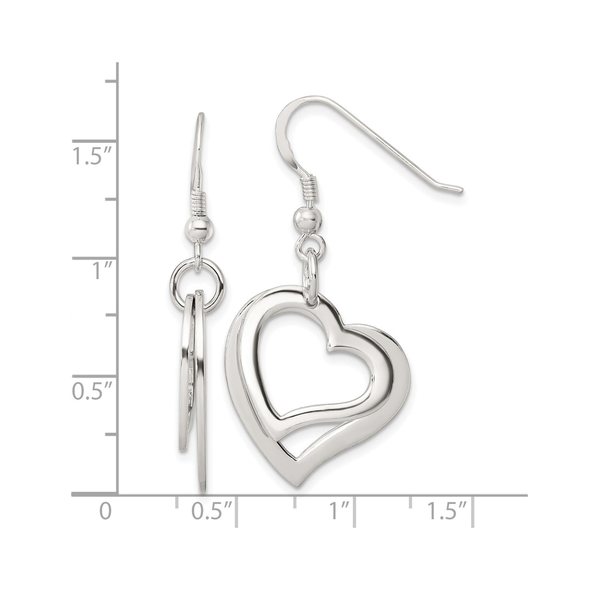 Sterling Silver Dangle Earrings with Open Double Heart Design and Polished Finish for Women