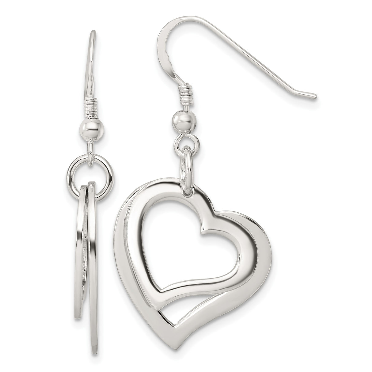 Sterling Silver Dangle Earrings with Open Double Heart Design and Polished Finish for Women