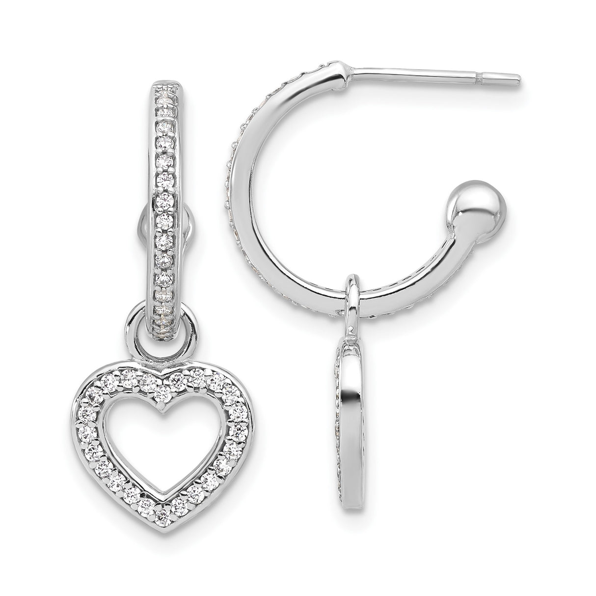 Sterling Silver Heart Hoop Earrings with Cubic Zirconia, Open Dangle Design for Women