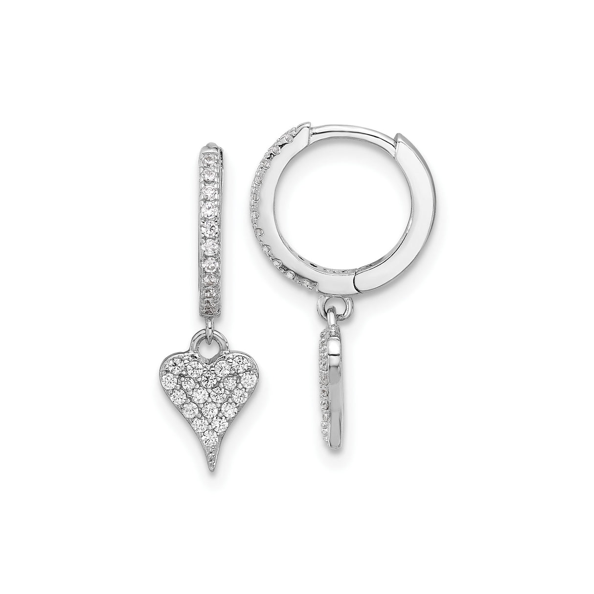 Sterling Silver Heart Dangle Hoop Earrings with Cubic Zirconia, Romantic Charm Style