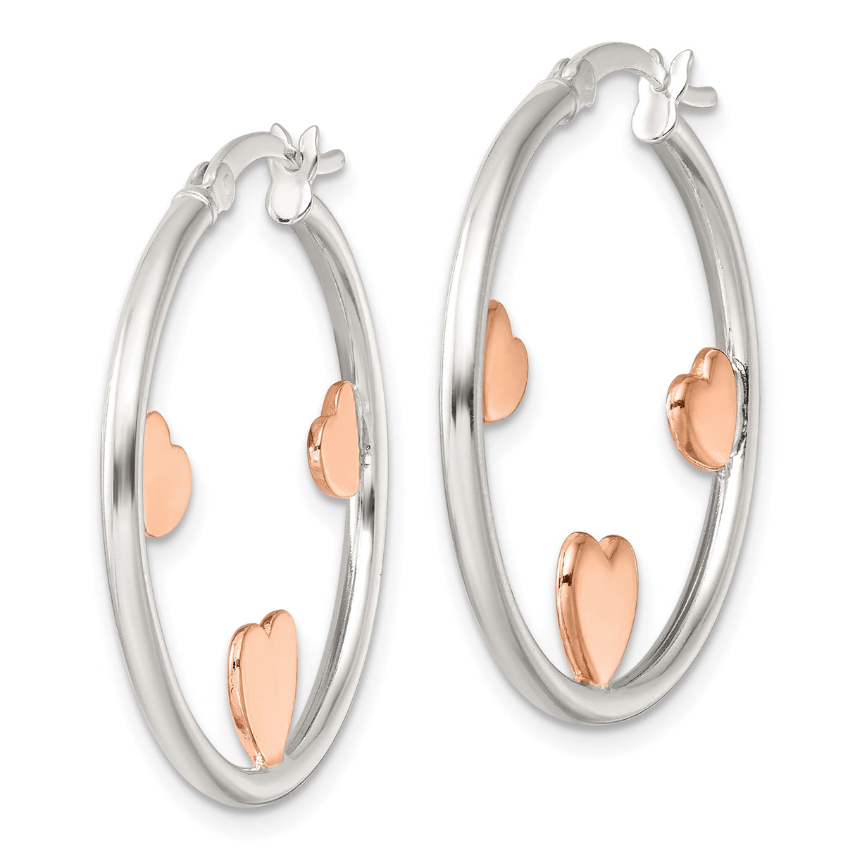 Sterling Silver Hoop Earrings with Rose Gold Heart Accents, Three Heart Design