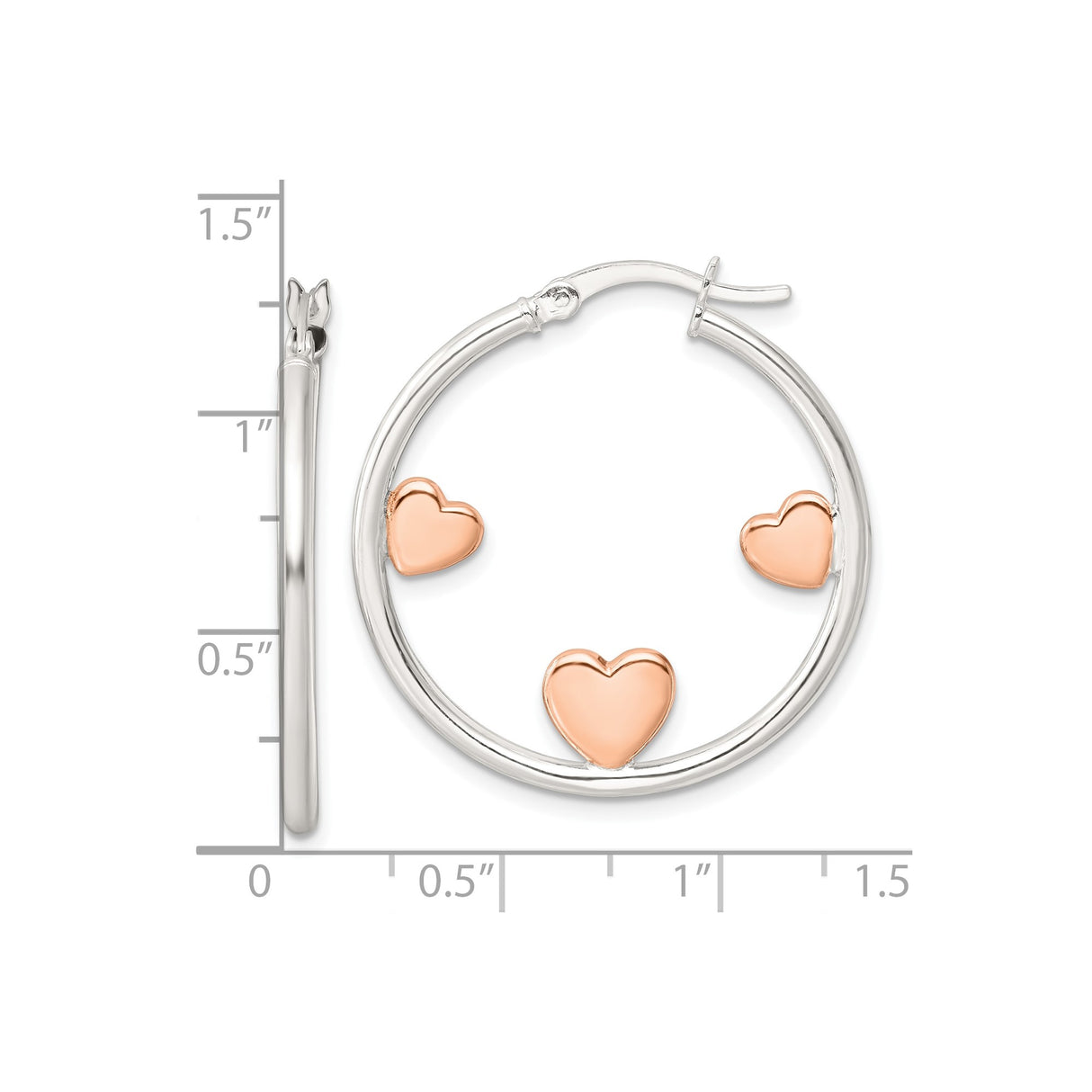 Sterling Silver Hoop Earrings with Rose Gold Heart Accents, Three Heart Design