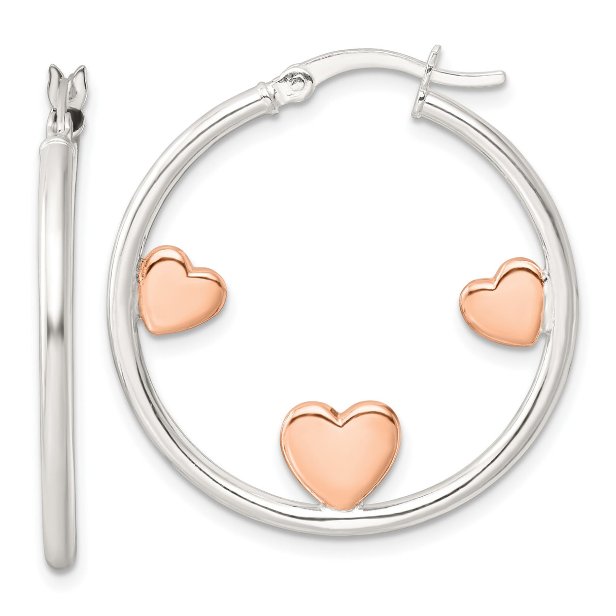 Sterling Silver Hoop Earrings with Rose Gold Heart Accents, Three Heart Design