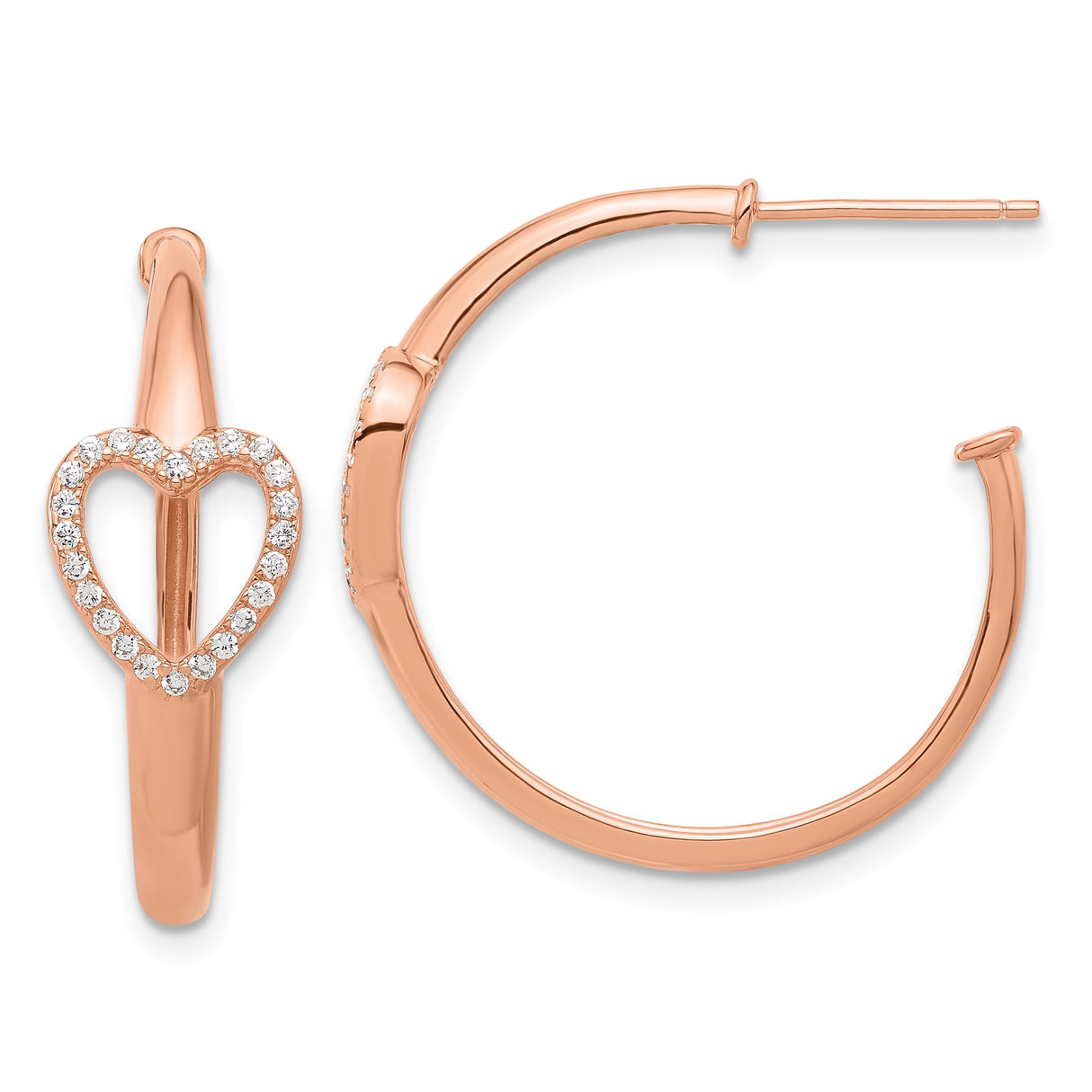 Sterling Silver Rose Gold-Plated Heart Hoop Earrings with Cubic Zirconia Accents