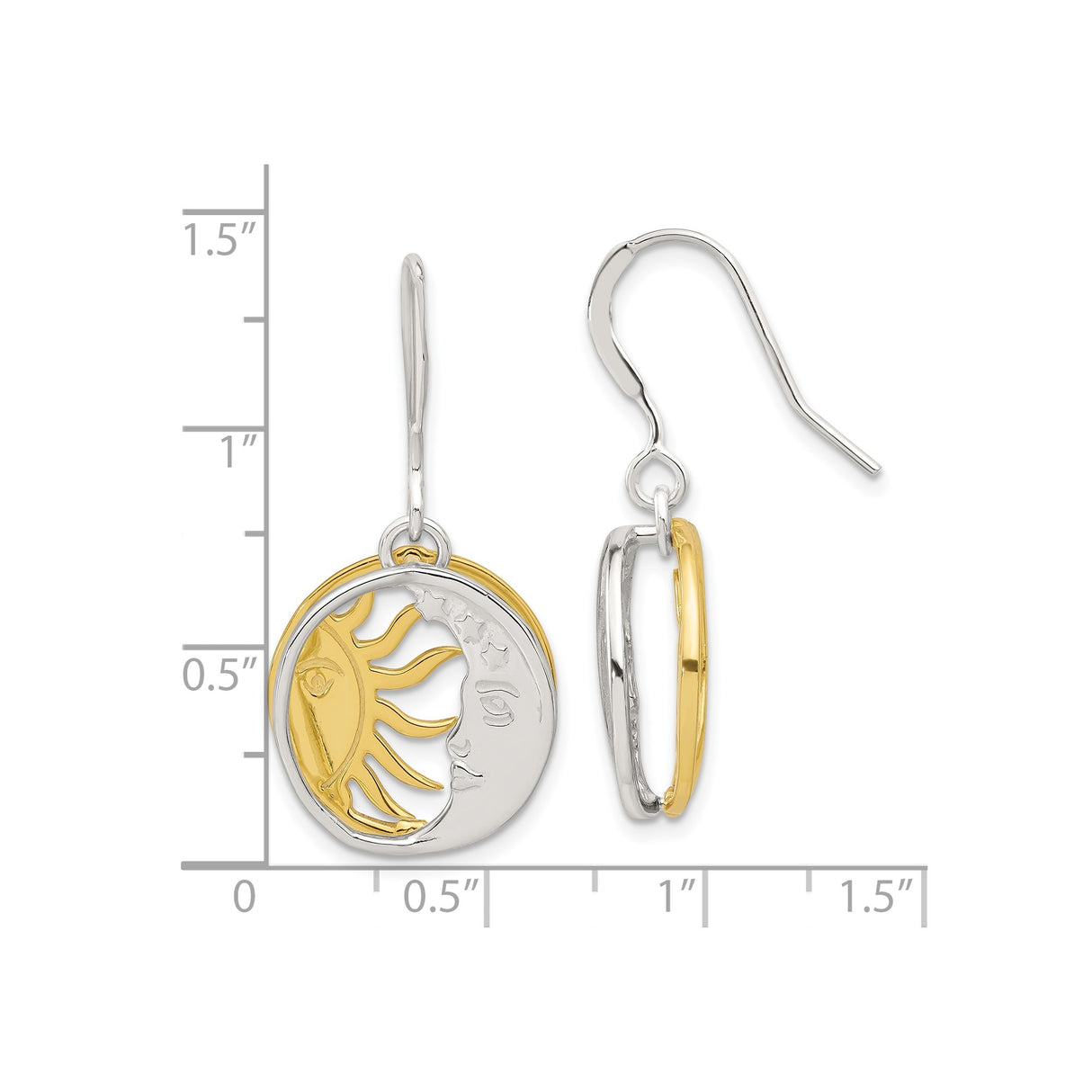 Sterling Silver Dangle Earrings, Sun and Moon Face Design, Celestial Boho Style for Women