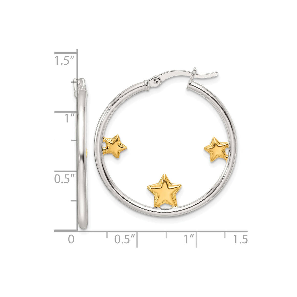 Sterling Silver Hoop Earrings with Gold Tone Star Charms, Celestial Design for Women