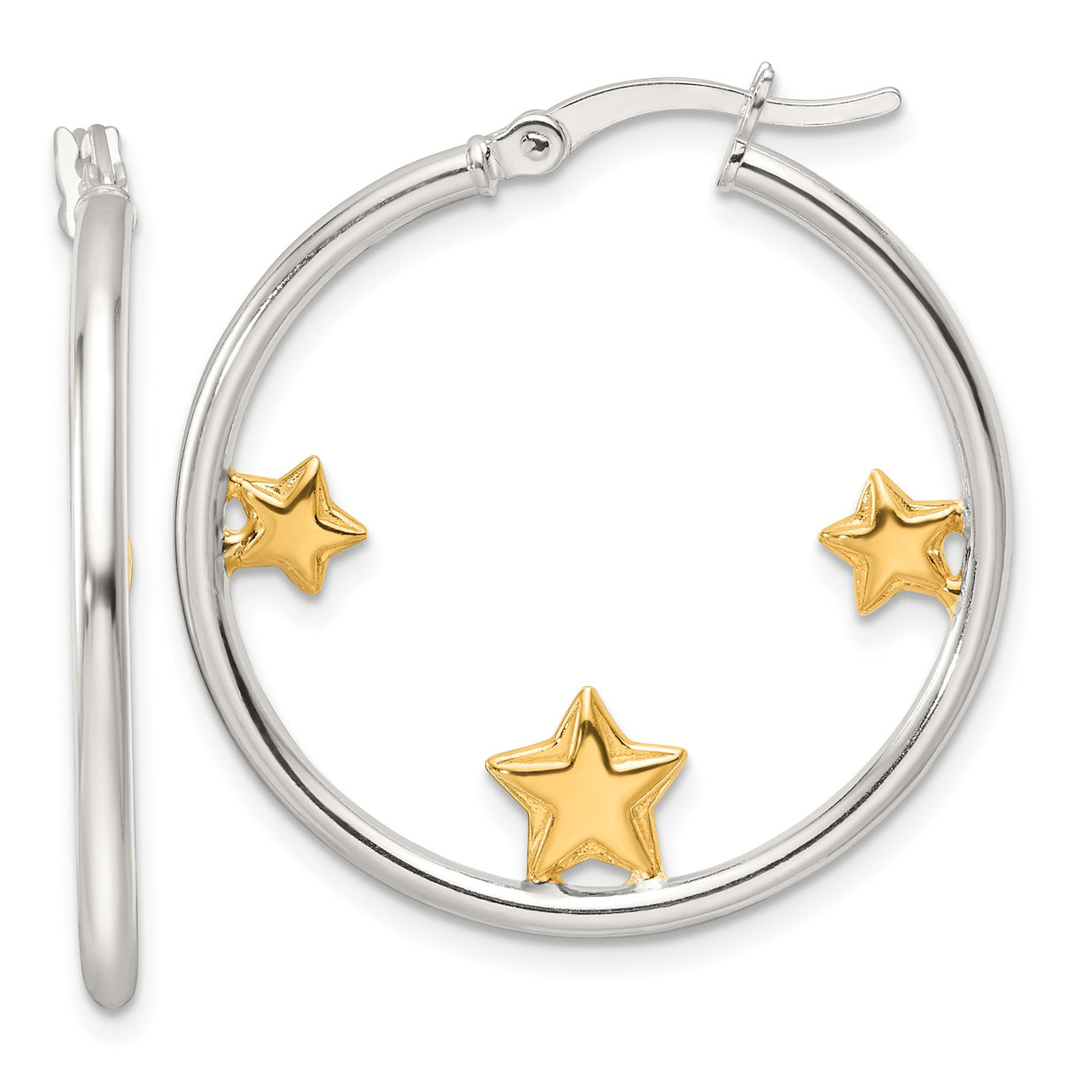 Sterling Silver Hoop Earrings with Gold Tone Star Charms, Celestial Design for Women