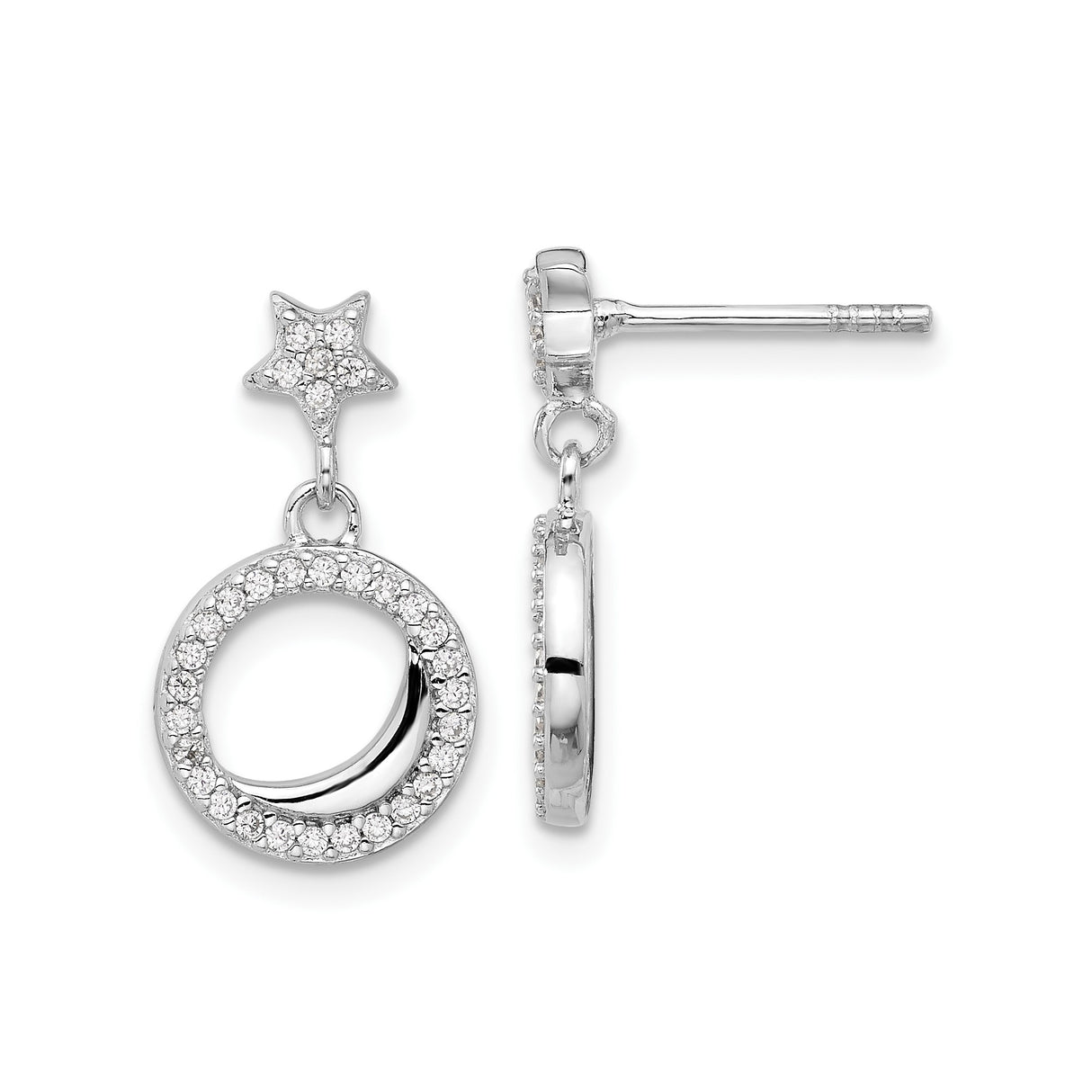 Sterling Silver Drop Earrings with Cubic Zirconia, Star and Open Circle Design