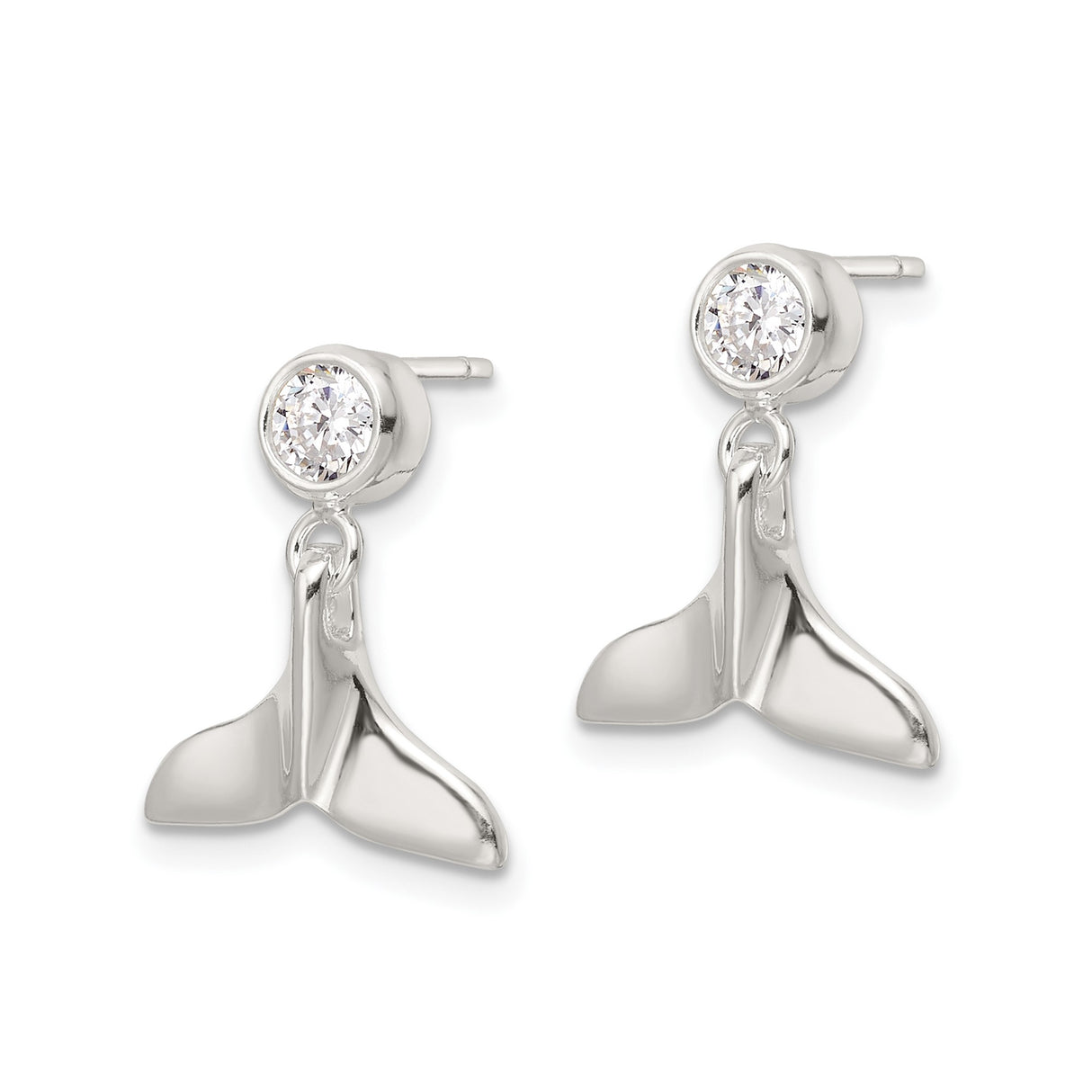 Sterling Silver Whale Tail Dangle Stud Earrings with Cubic Zirconia, Nautical Ocean Theme