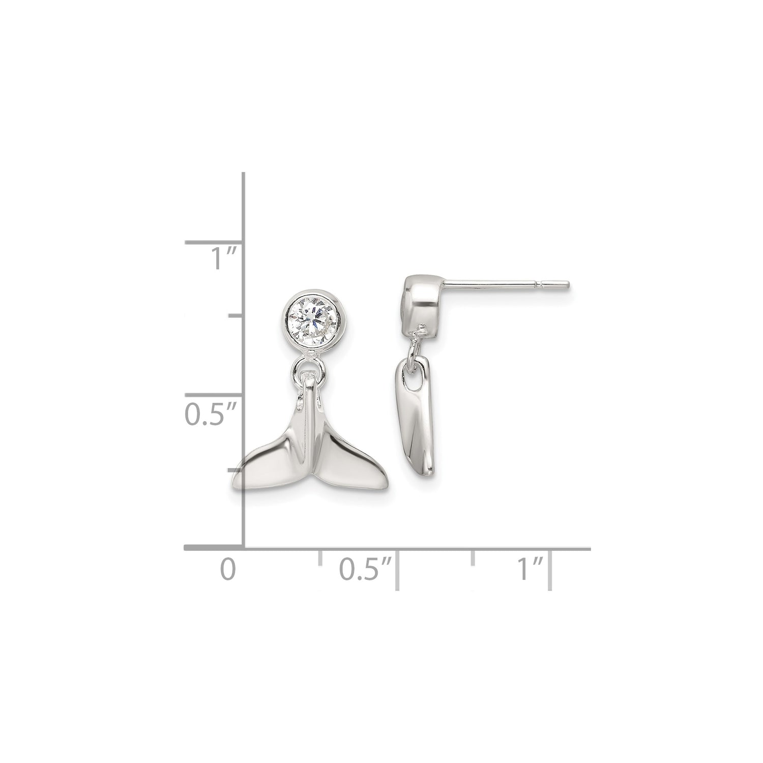 Sterling Silver Whale Tail Dangle Stud Earrings with Cubic Zirconia, Nautical Ocean Theme