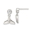 Sterling Silver Whale Tail Dangle Stud Earrings with Cubic Zirconia, Nautical Ocean Theme