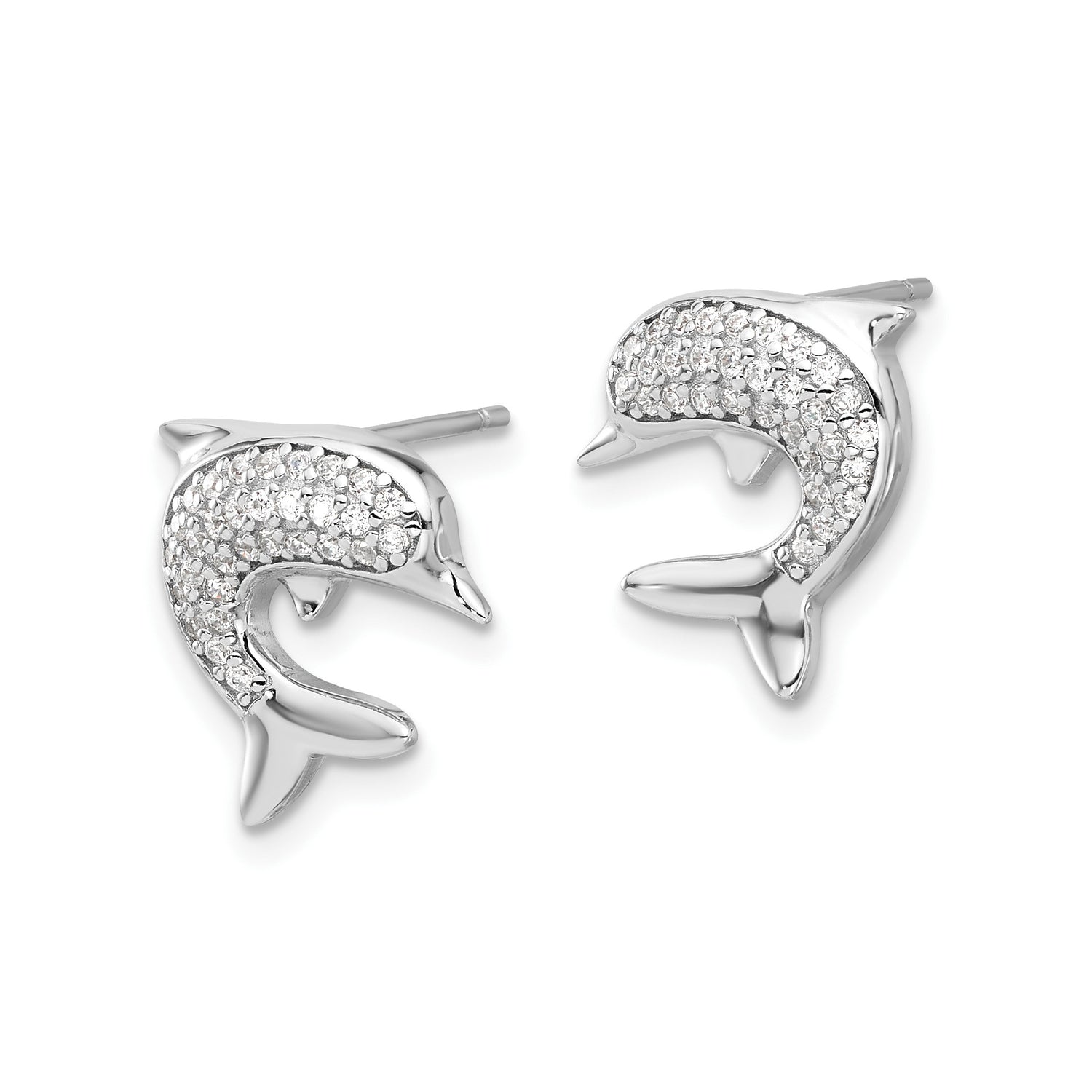 Sterling Silver Dolphin Stud Earrings with Cubic Zirconia, Ocean Theme Jewelry for Women