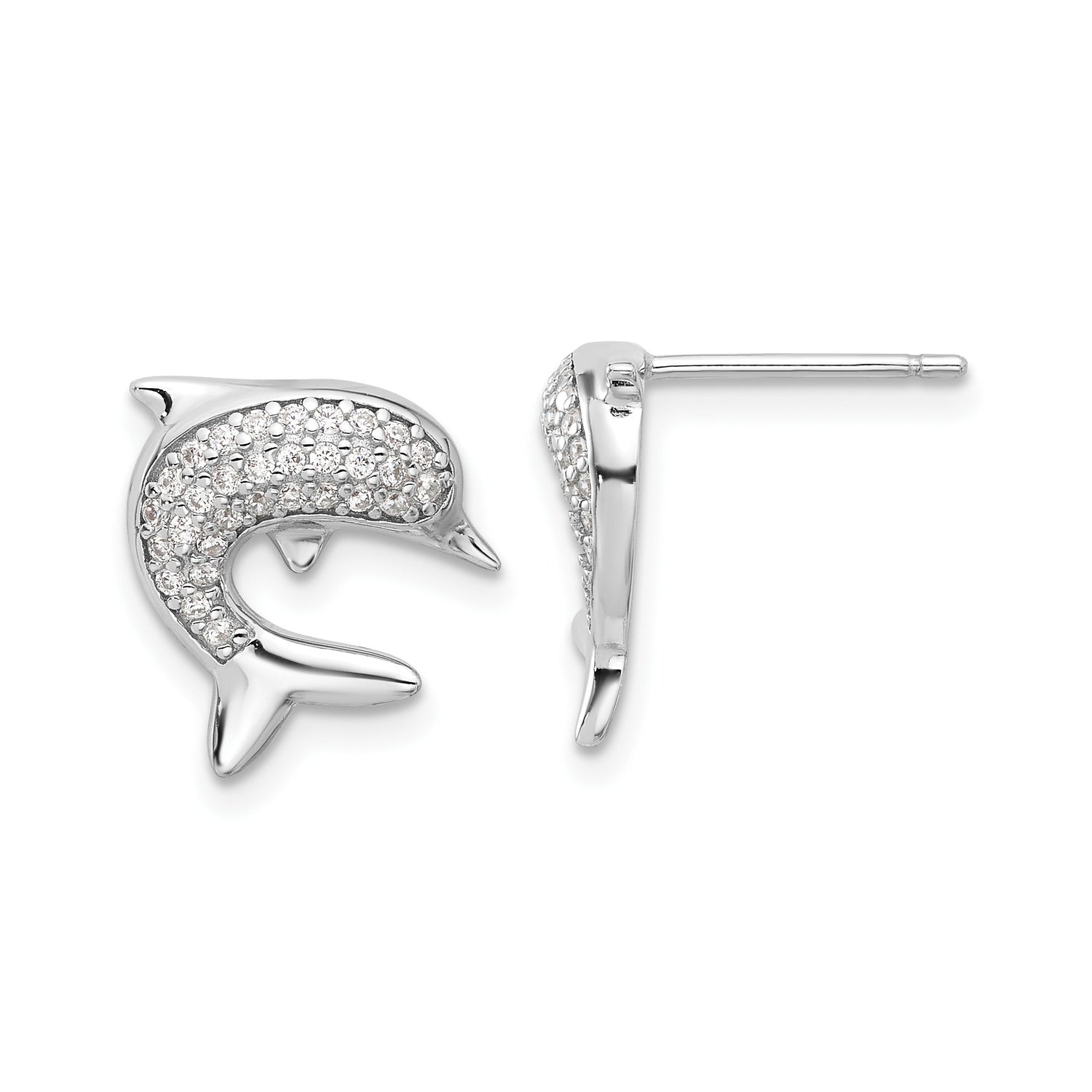 Sterling Silver Dolphin Stud Earrings with Cubic Zirconia, Ocean Theme Jewelry for Women