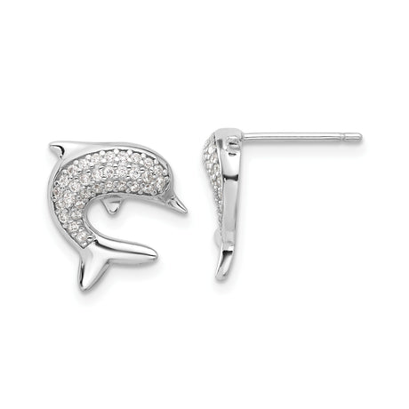 Sterling Silver Dolphin Stud Earrings with Cubic Zirconia, Ocean Theme Jewelry for Women