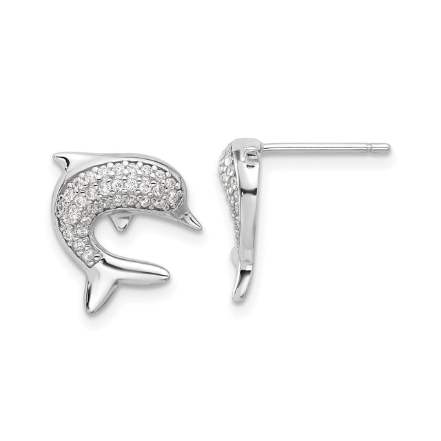 Sterling Silver Dolphin Stud Earrings with Cubic Zirconia, Ocean Theme Jewelry for Women