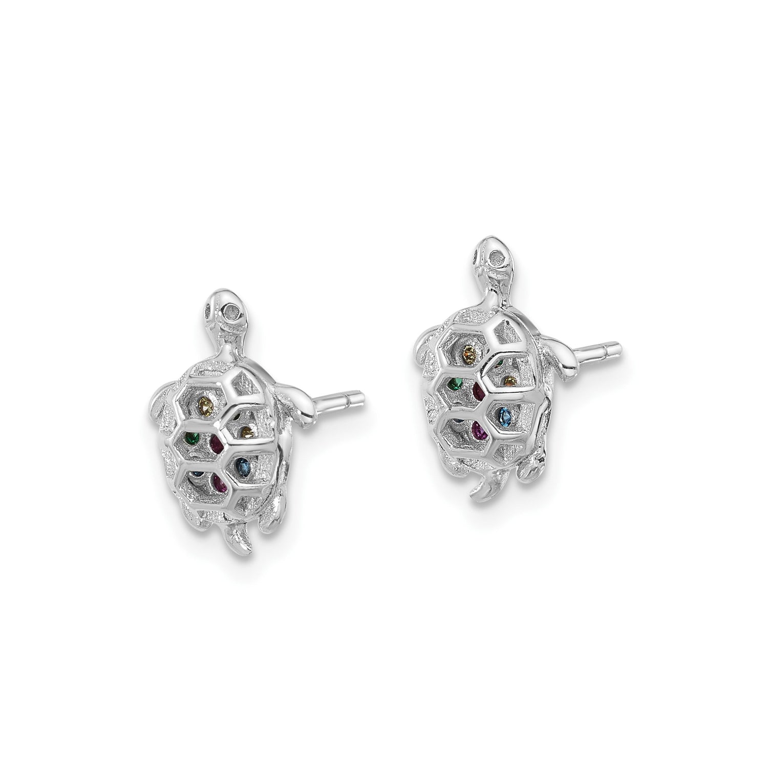 Sterling Silver Turtle Stud Earrings with Multicolor Cubic Zirconia, Ocean Animal Theme