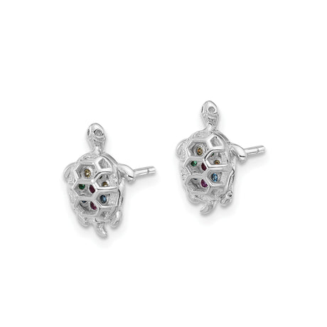 Sterling Silver Turtle Stud Earrings with Multicolor Cubic Zirconia, Ocean Animal Theme