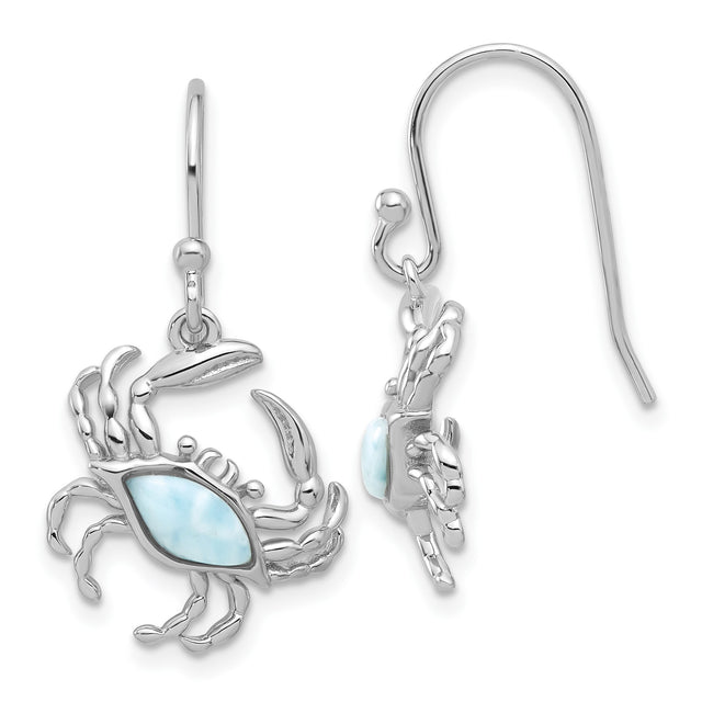 Sterling Silver Crab Dangle Earrings with Larimar, Ocean-Inspired Cancer Zodiac Jewelry