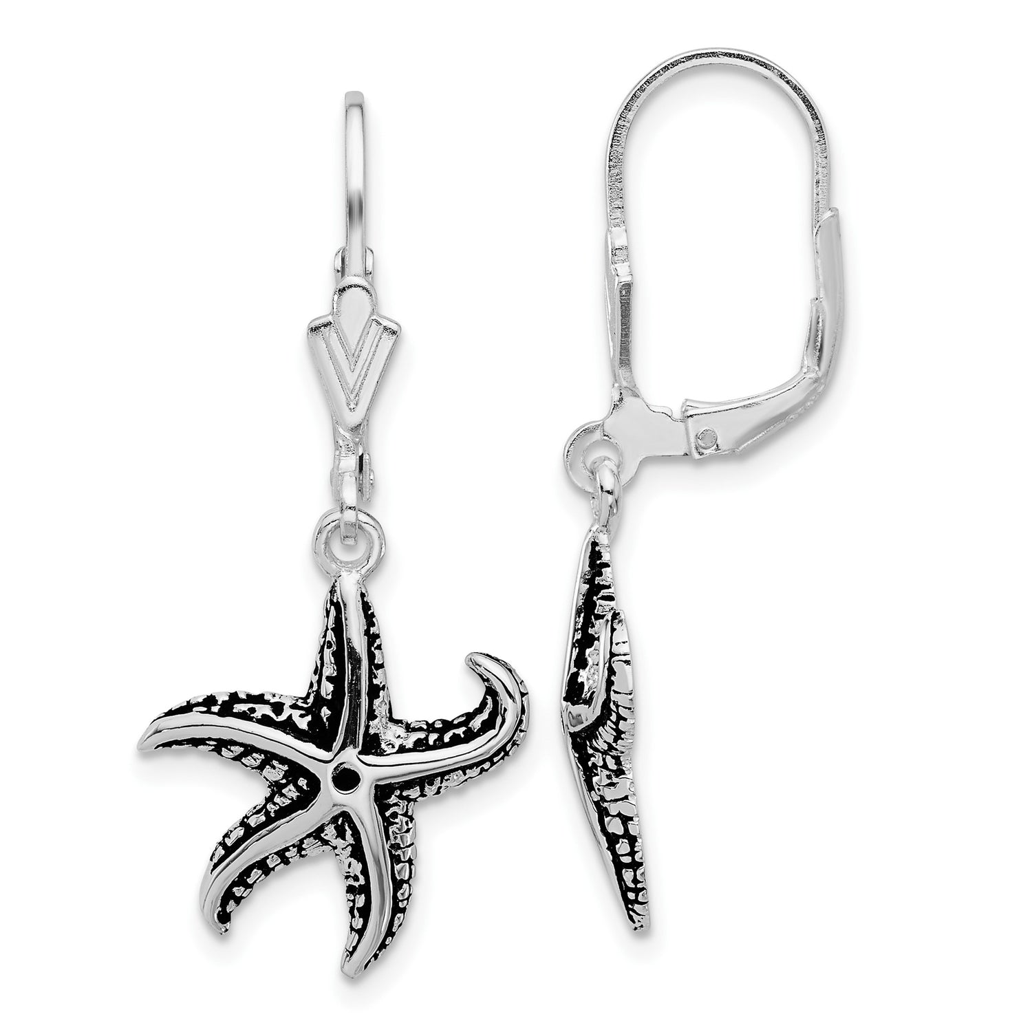 Sterling Silver Starfish Drop Earrings with Textured Detailing and Leverback Closures