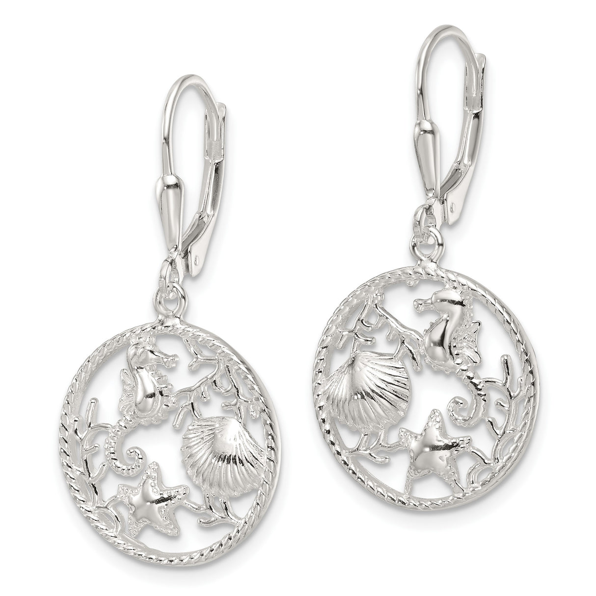 Sterling Silver Leverback Dangle Earrings with Seahorse, Starfish, Shell and Coral Design