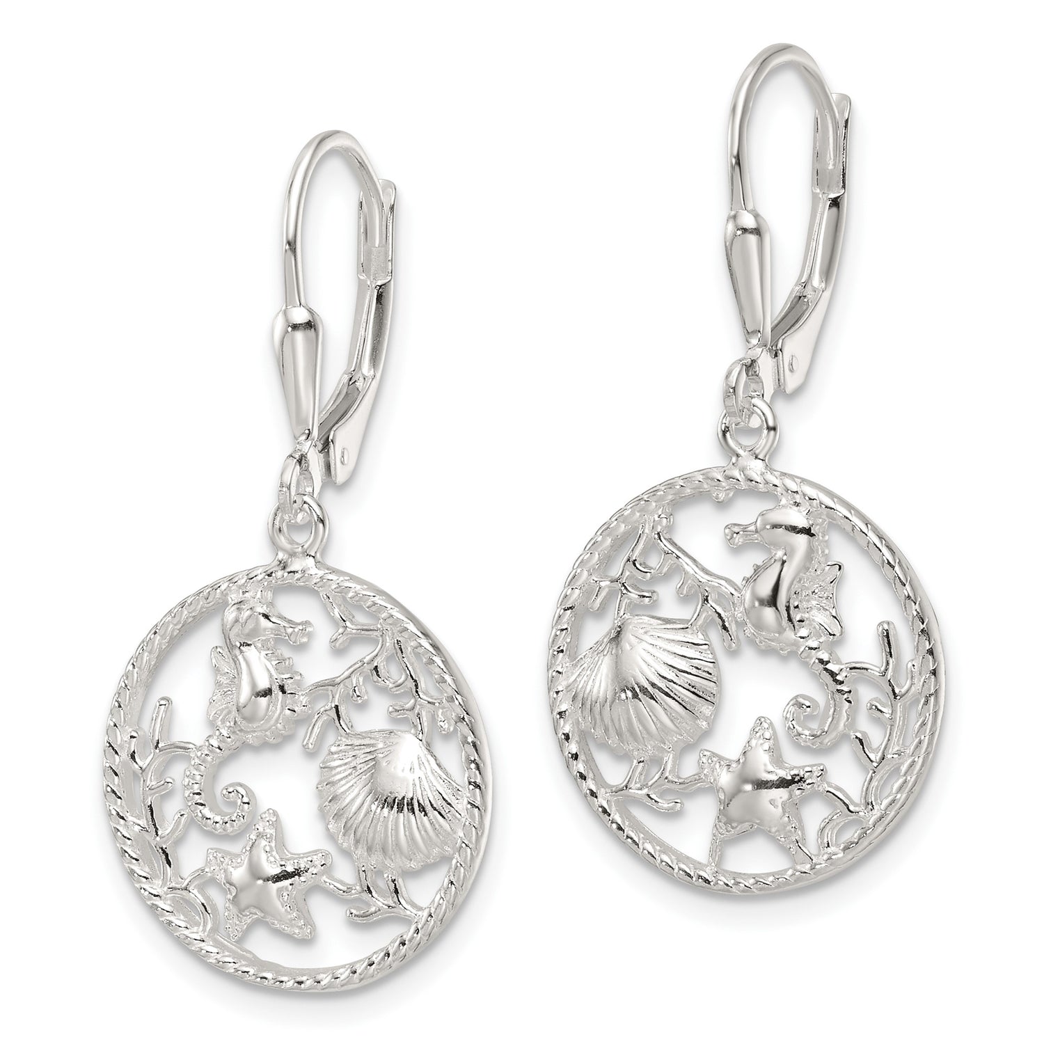 Sterling Silver Leverback Dangle Earrings with Seahorse, Starfish, Shell and Coral Design