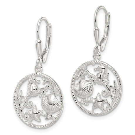 Sterling Silver Leverback Dangle Earrings with Seahorse, Starfish, Shell and Coral Design