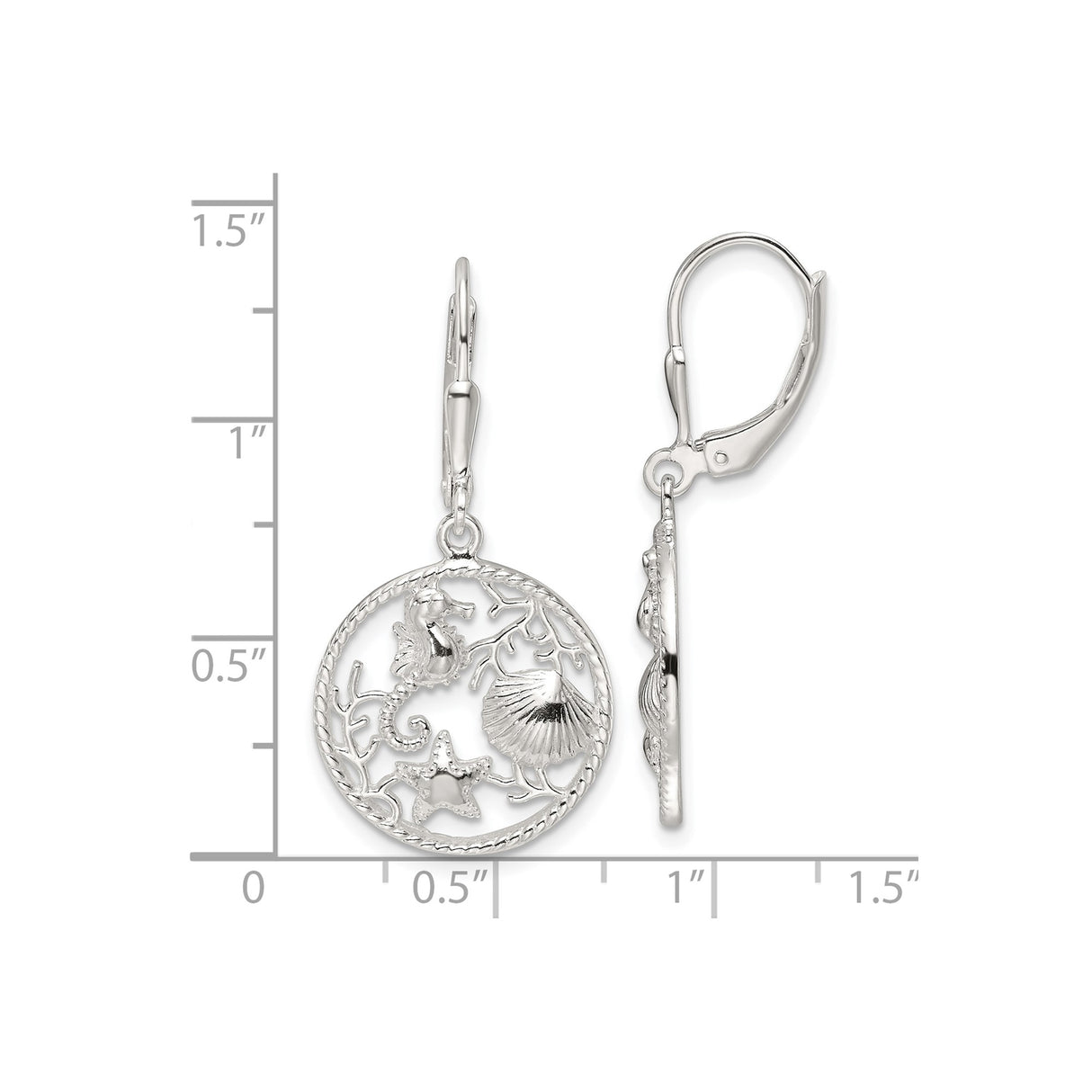 Sterling Silver Leverback Dangle Earrings with Seahorse, Starfish, Shell and Coral Design